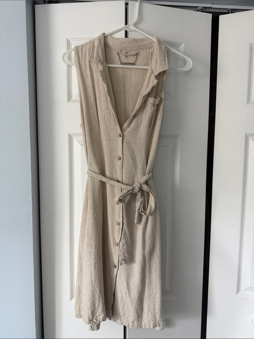 paparazzi tan Sleeveless Button-Front Tie-Waist Linen Midi Dress